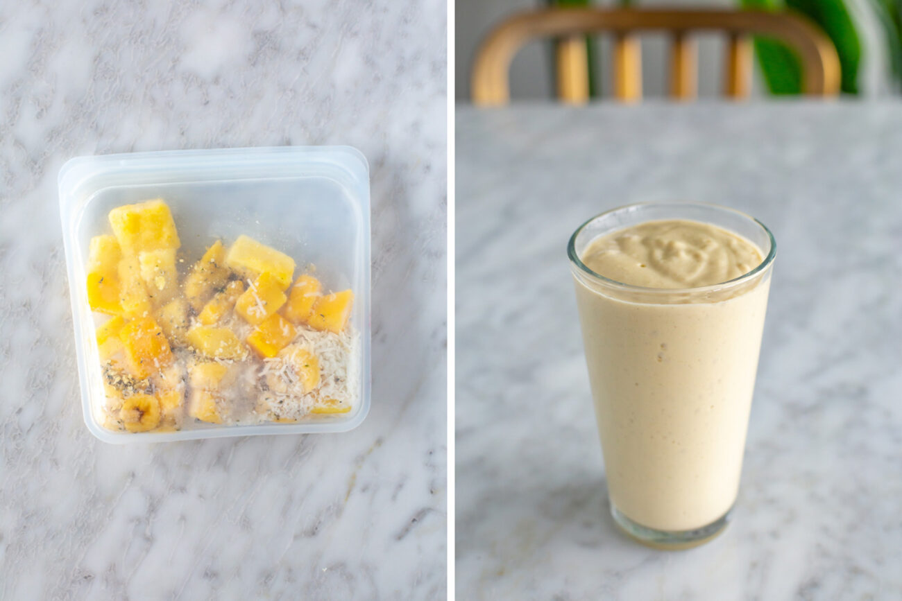 A collage of a tropical smoothie pack with the smoothie blended up in a glass.