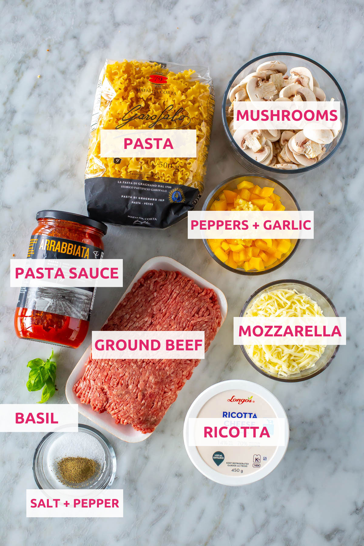 Ingredients for skillet lasagna: pasta, mushrooms, pasta sauce, peppers, garlic, ground beef, mozzarella, ricotta, salt and pepper.