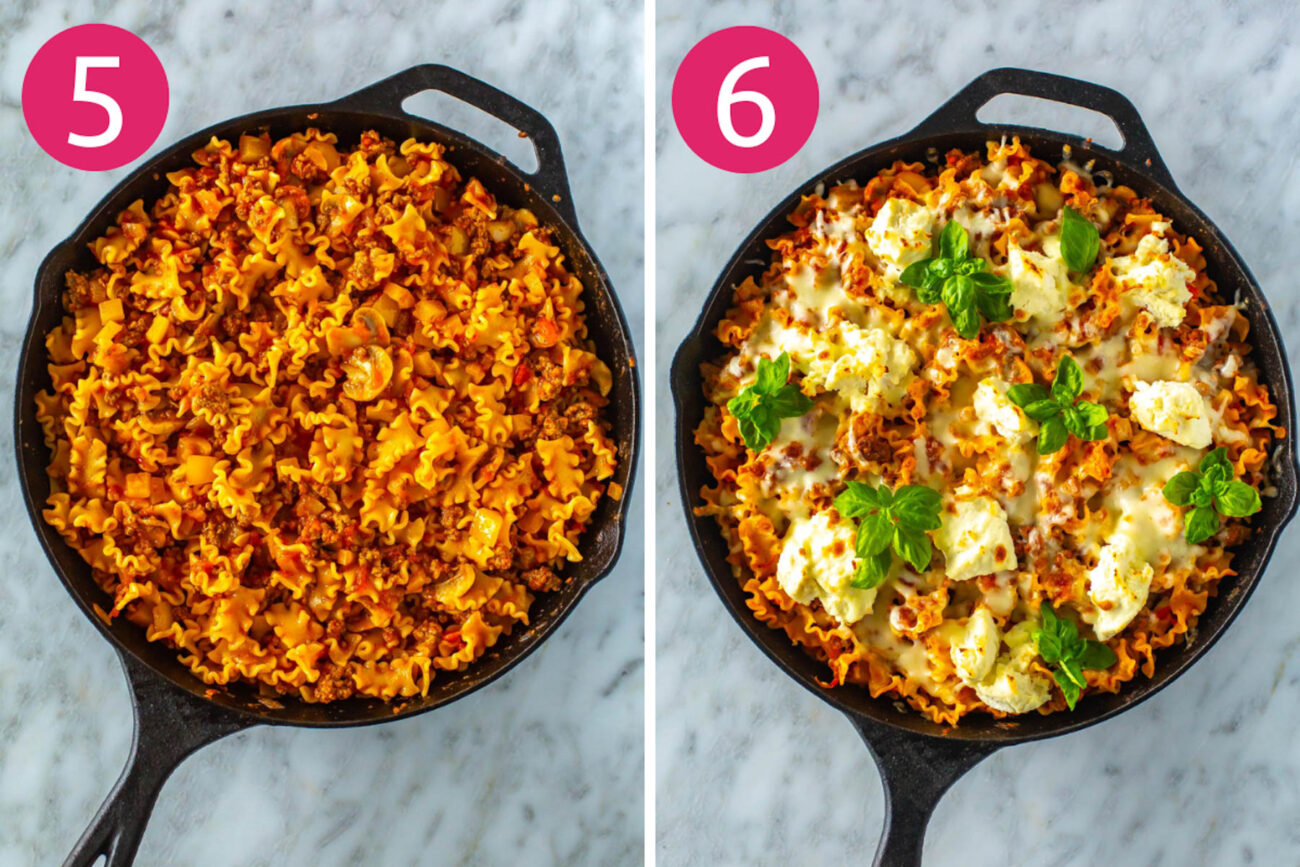 Steps 5 and 6 for making skillet lasagna: stir in pasta and pasta sauce, then add cheese and broil until melted.