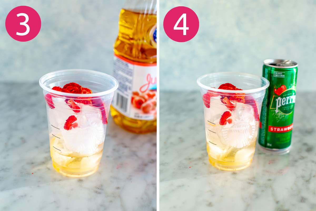 Steps 3 and 4 for making Starbucks pink drink: pour in white grape juice and sparkling water.
