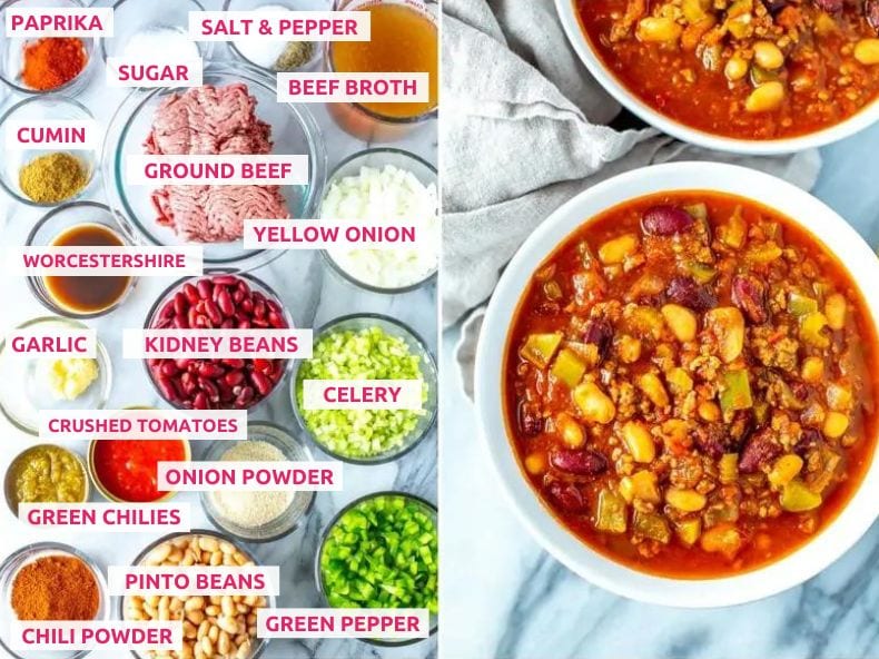 Ingredients for Wendy's chili: Paprika, sugar, salt and pepper, beef broth, cumin, ground beef, worcestershire, yellow onion, garlic, kidney beans, crushed tomatoes, celery, green chilies, onion powder, chili powder, pinto beans, green peppers