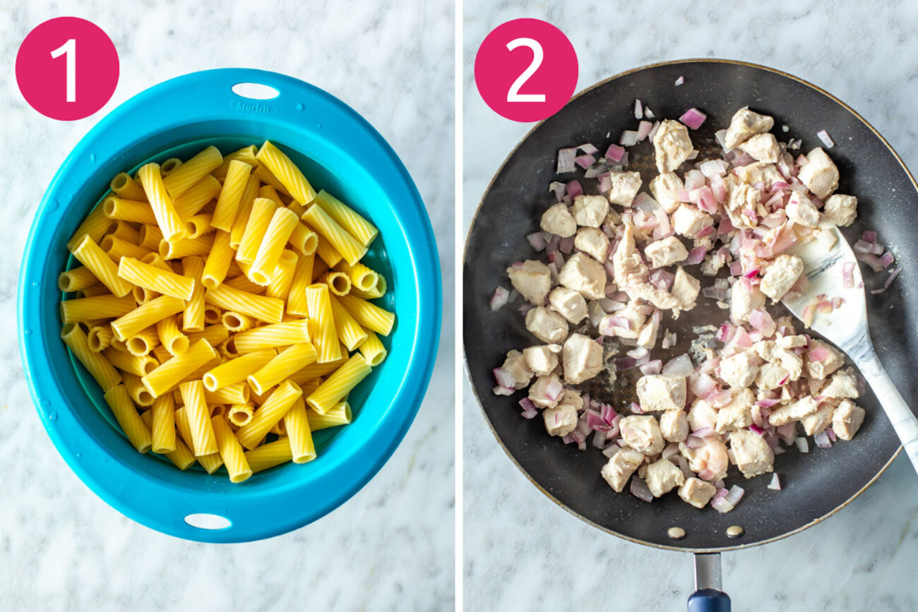Steps 1 and 2 for making chicken pasta bake: Cook the pasta then cook the chicken.