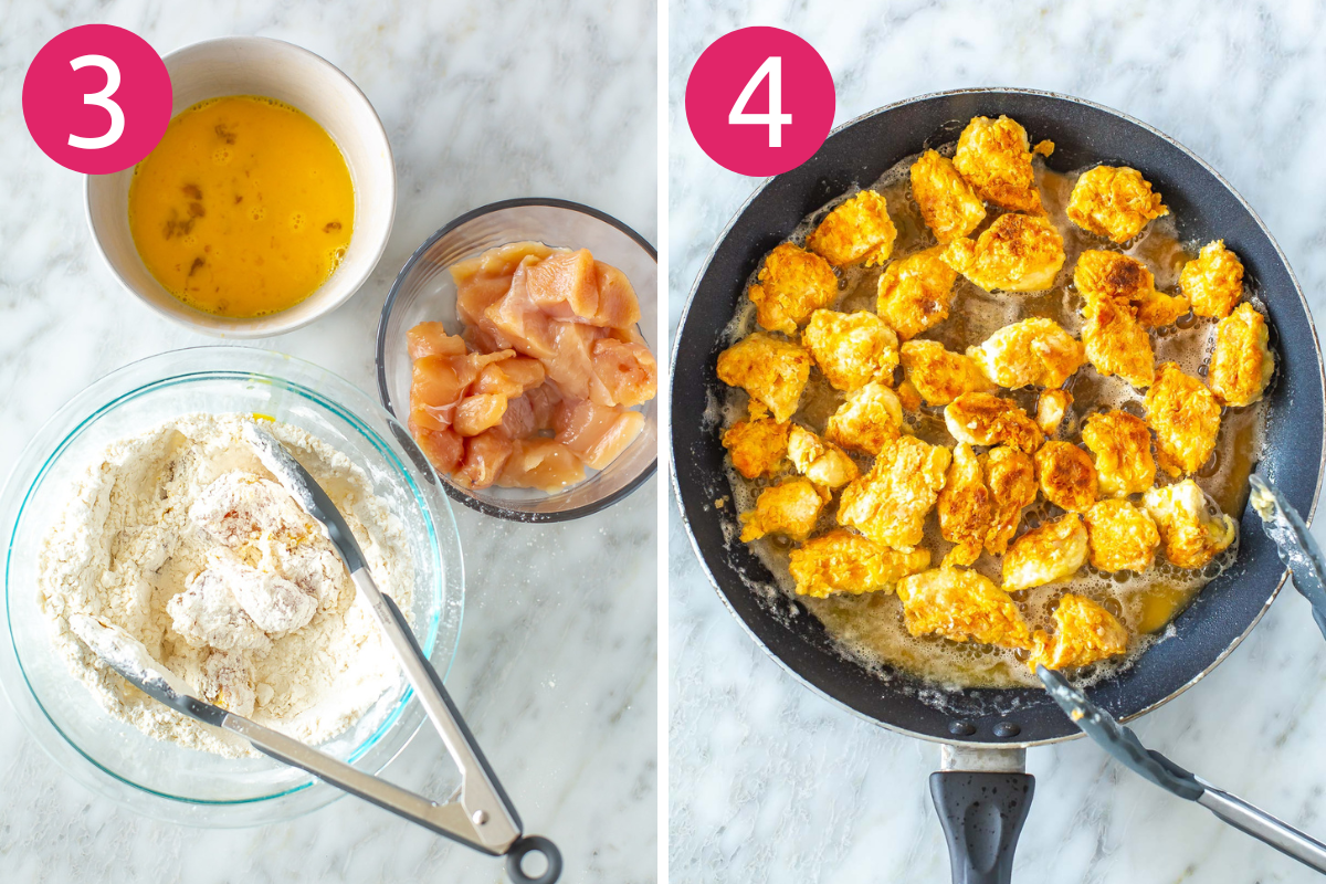 Steps 3 and 4 for making Panda Express orange chicken: coat chicken in egg then flour/cornstarch then cook.