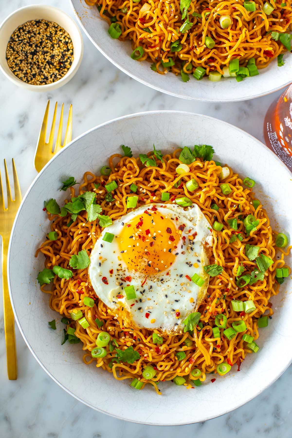 A close-up of a bowl of spicy noodles topped with a fried egg, green onions and cilantro.