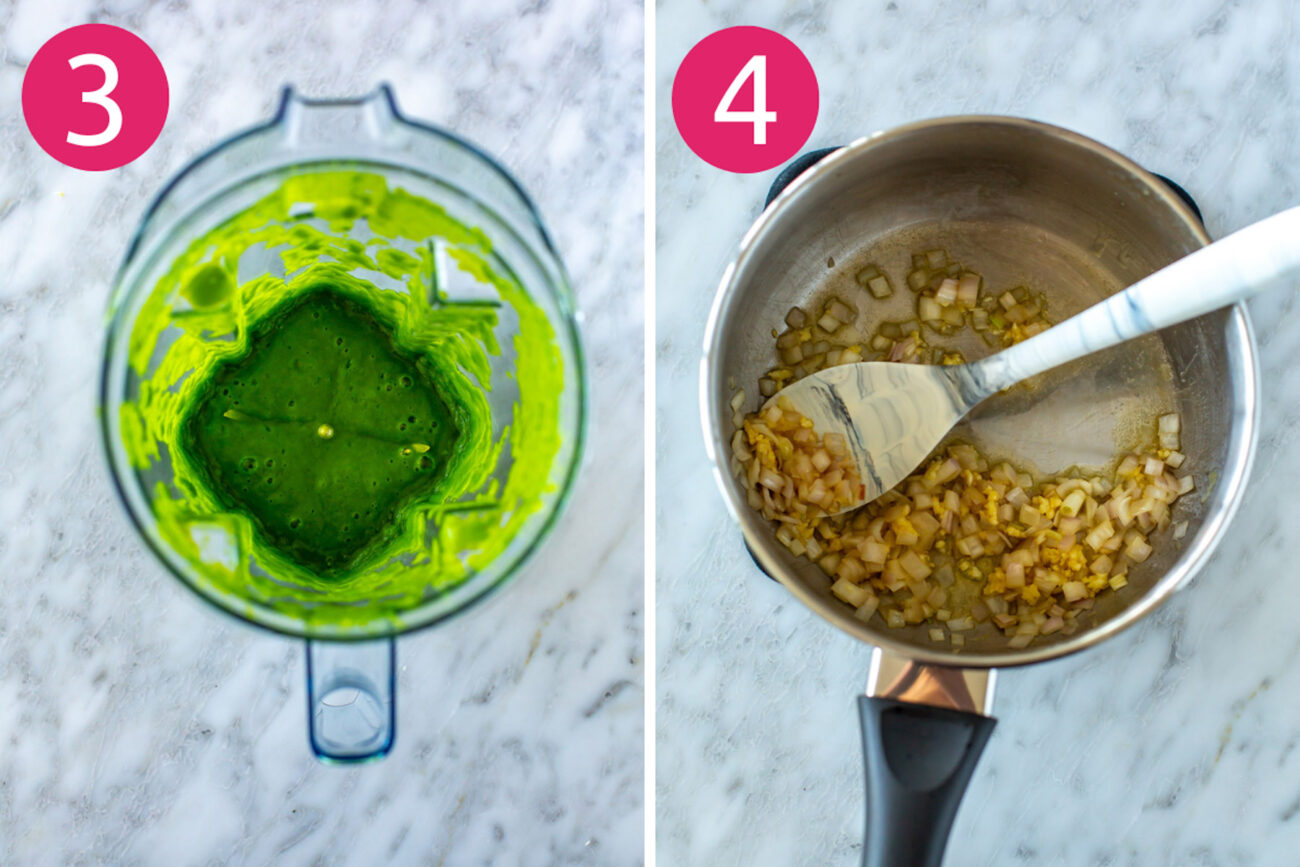 Steps 3 and 4 for making asparagus risotto: blend half of boiled asparagus with parsley, chicken broth and lemon zest then saute shallots and garlic in a pan.