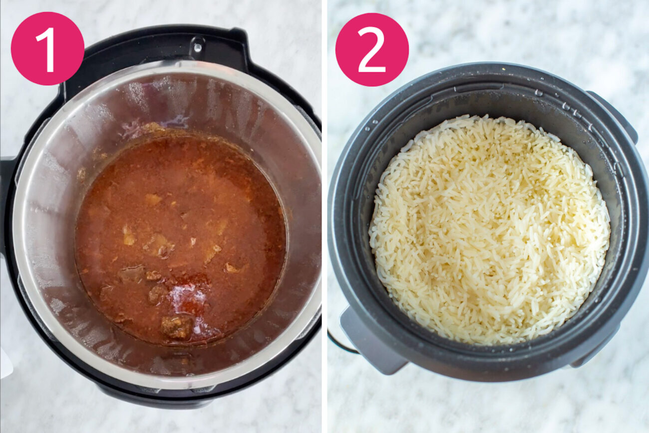 Steps 1 and 2 for making Instant Pot barbacoa bowls: cook barbacoa then make rice and assemble toppings.