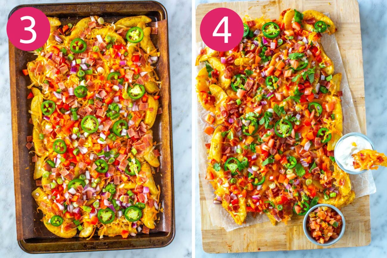 Steps 3 and 4 for making Irish nachos: Add rest of toppings then bake again for a few minutes before serving.