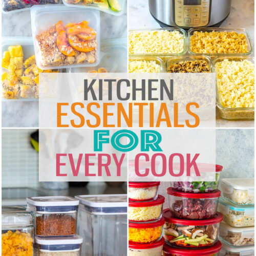 A college of kitchen tools with the text "Kitchen Essentials for Every Cook" layered over top.