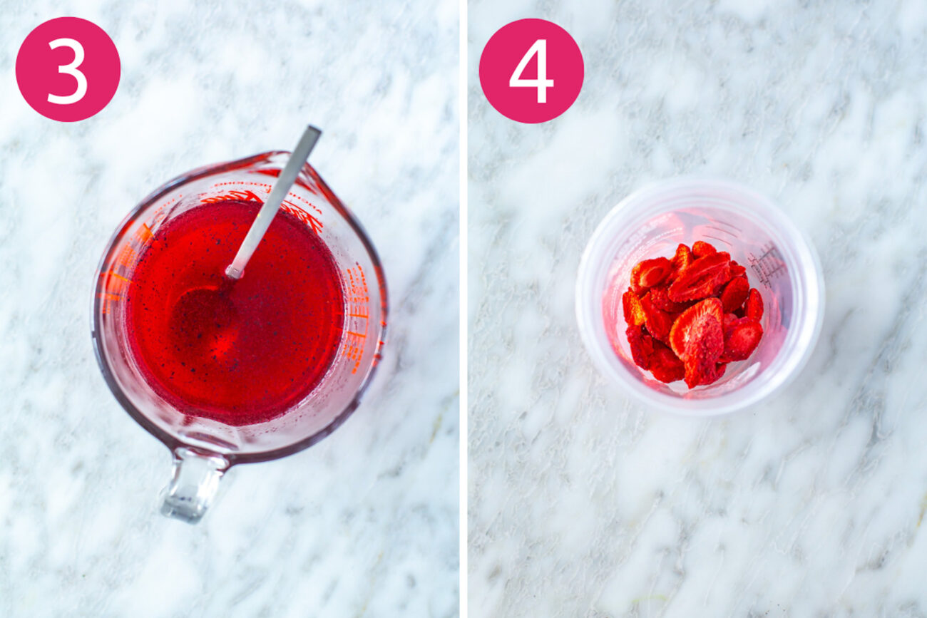 Steps 3 and 4 for making Starbucks strawberry acai refresher: mix ingredients then add strawberries to a cup.