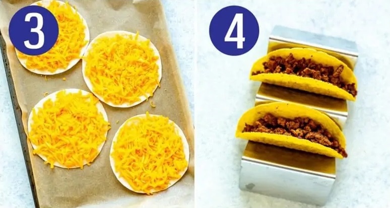 Steps 3 and 4 for making cheesy gordita crunch.