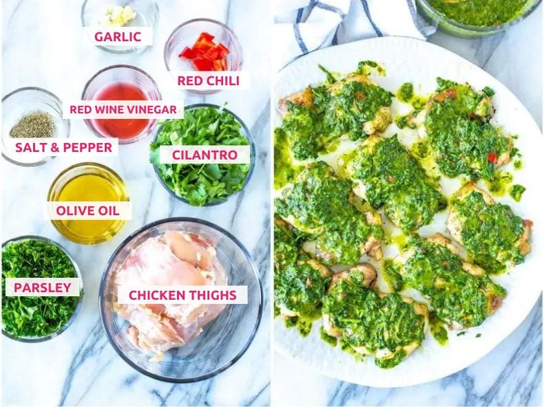 Ingredients for chimichurri chicken: garlic, red chili, red wine vinegar, salt and pepper, cilantro, olive oil, parsley, chicken thighs