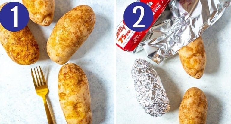 Steps 1 and 2 for making crockpot baked potatoes
