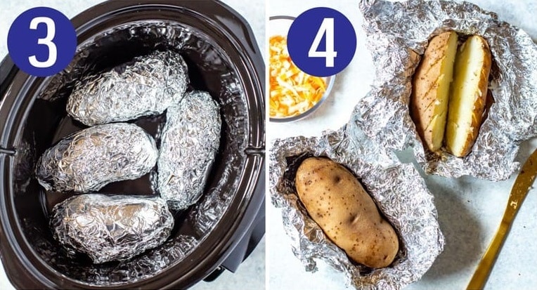 Steps 3 and 4 for making crockpot baked potatoes