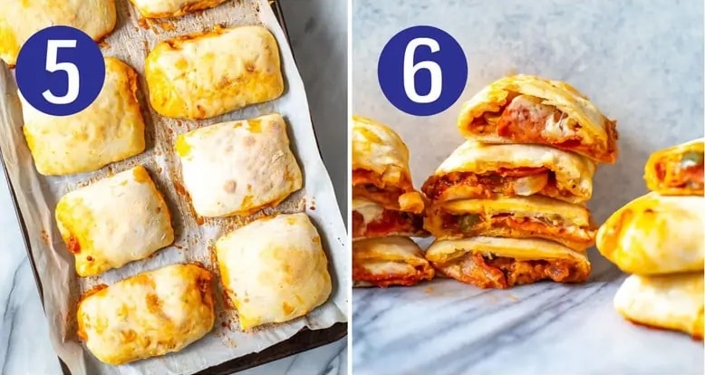 Steps 5 and 6 for making homemade pizza pockets