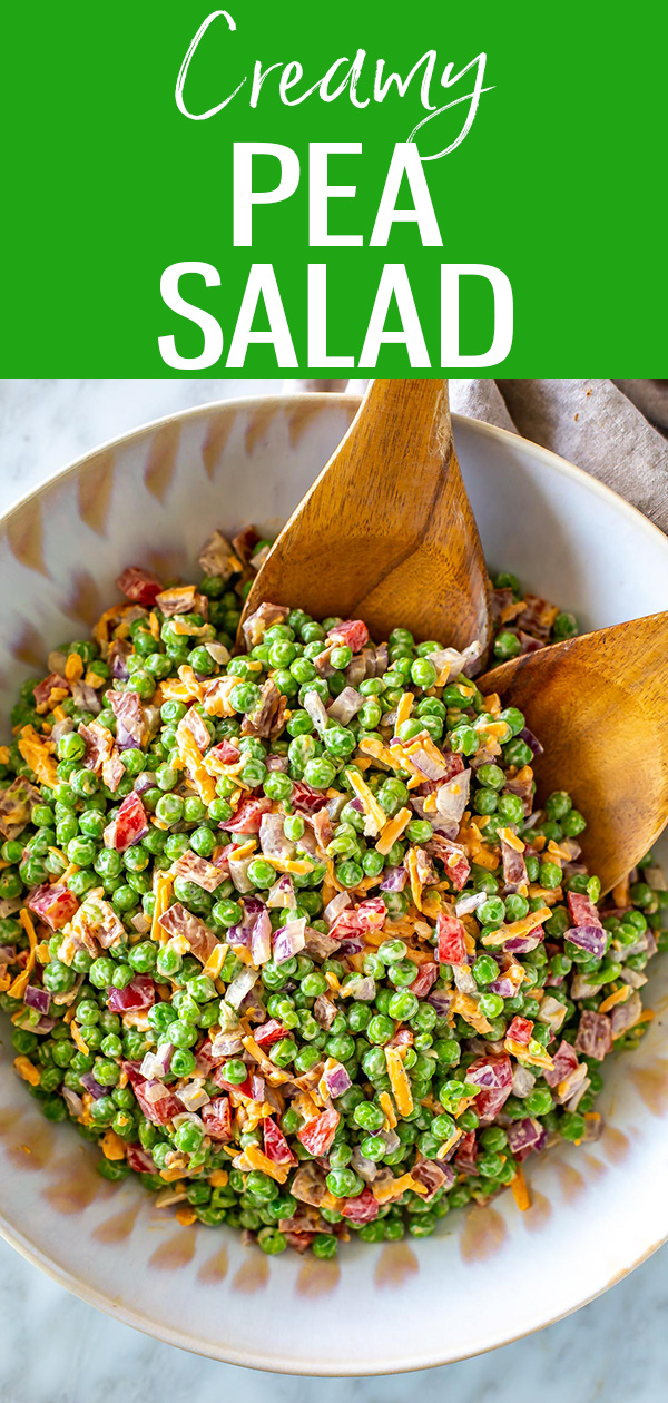 This Healthy Creamy Pea Salad is perfect for lunch or your next potluck! It's got fresh peas, bacon, cheese and the creamiest dressing. #peasalad
