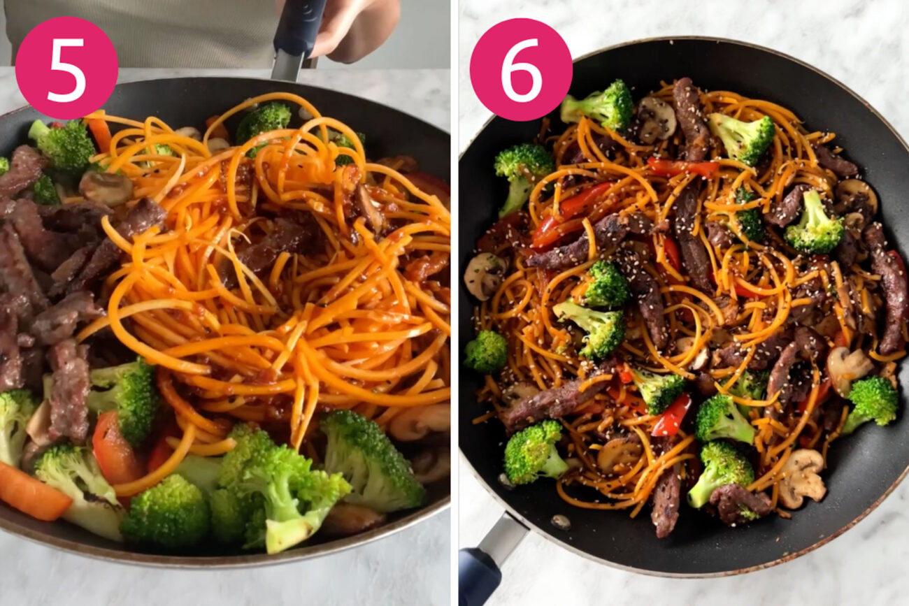 Steps 5 and 6 for making ginger beef sweet potato noodles: Stir fry everything together then serve and enjoy!