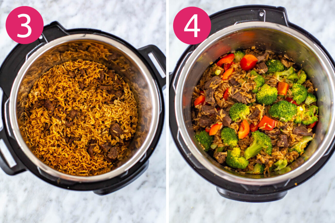 Steps 3 and 4 for making Instant Pot beef and broccoli: Release pressure then add in veggies.