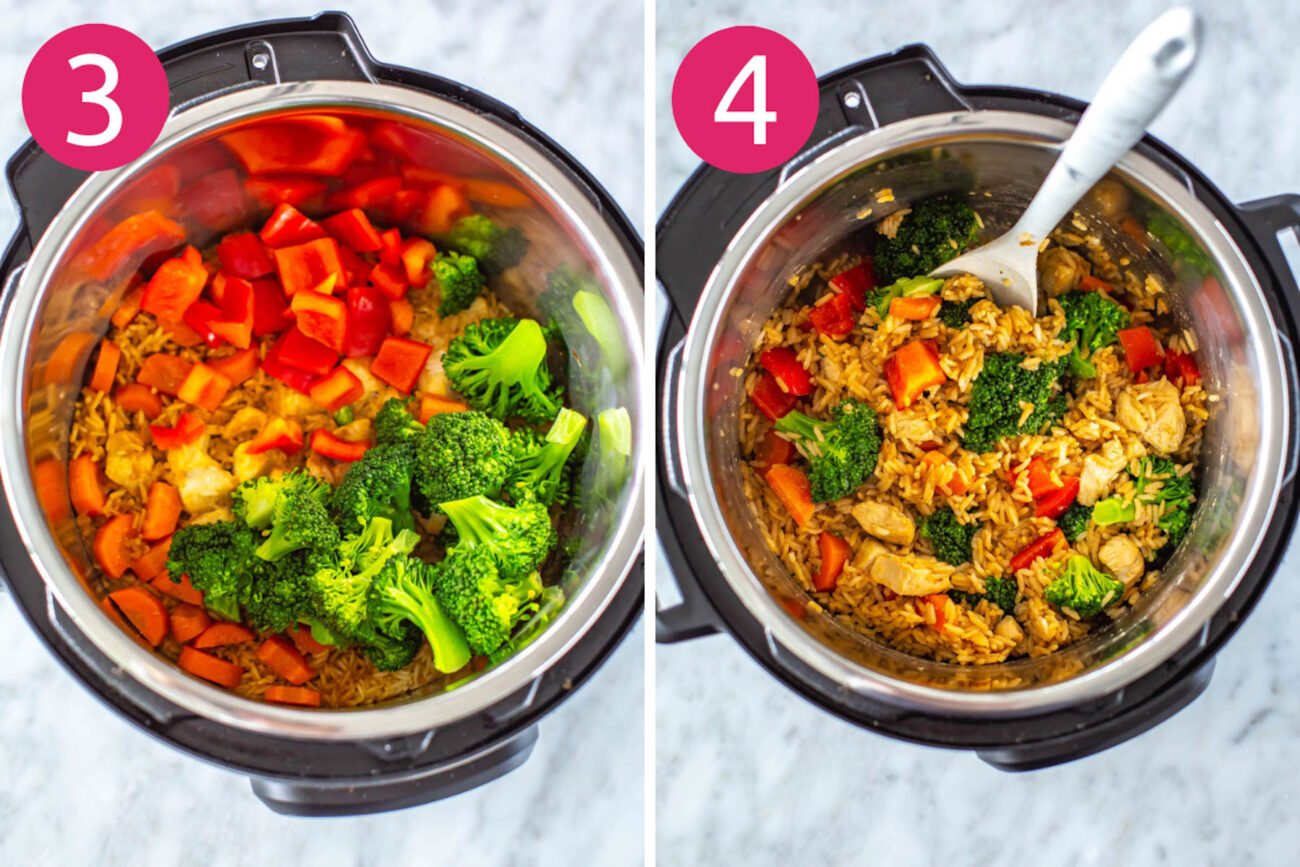 Steps 3 and 4 for making Instant Pot teriyaki chicken bowls: Stir in broccoli, red pepper and green onion, let sit for 5 minutes before serving.