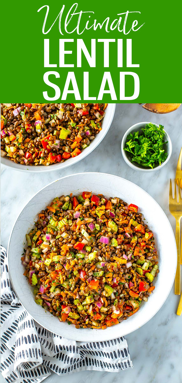 This is the Ultimate Lentil Salad Recipe! It's a plant-based lunch that's super satisfying thanks to the crunchy veggies and tangy dressing. #lentilsalad #mealprep #plantbased