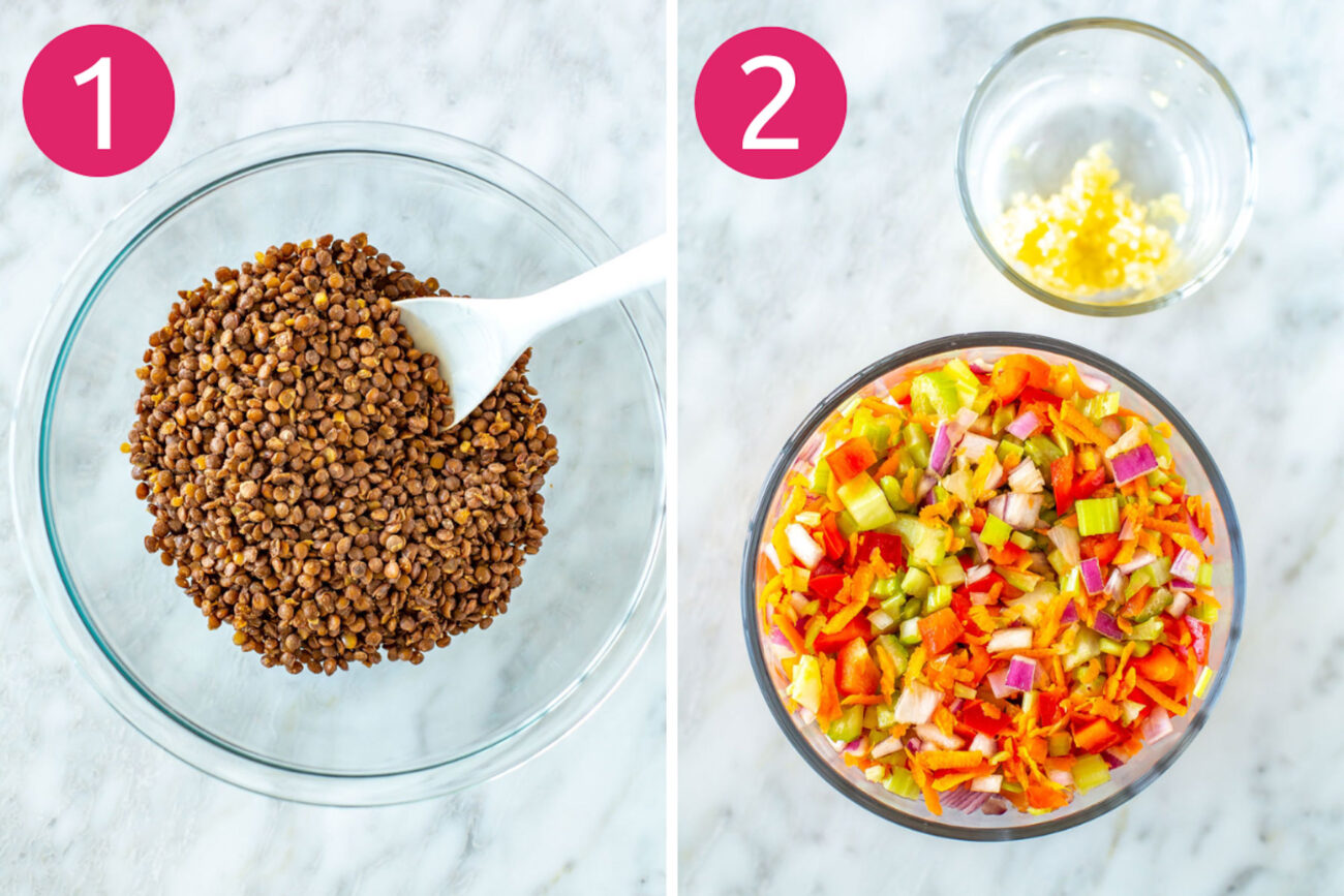 Steps 1 and 2 for making lentil salad: Cook lentils and cut up vegetables.