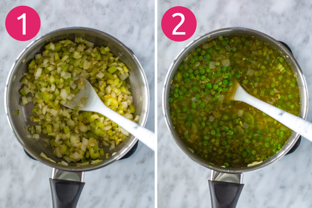 Steps 1 and 2 for making spring green pea soup: Saute onions, garlic and celery. Add in peas and broth then simmer.