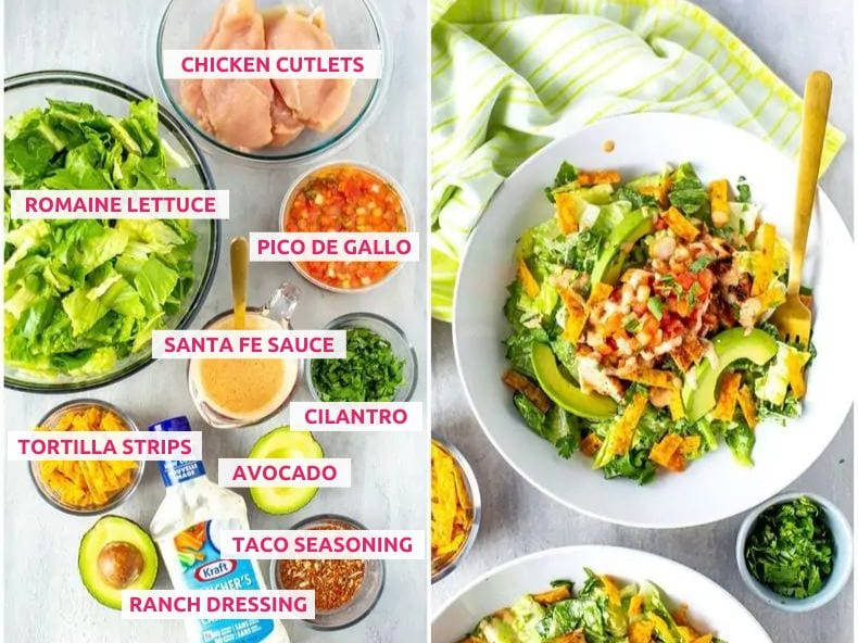 Ingredients for Chili's santa fe chicken salad: chicken cutlets, romaine lettuce, pico de gallo, santa fe sauce, cilantro, tortilla strips, avocado, taco seasoning, ranch dressing