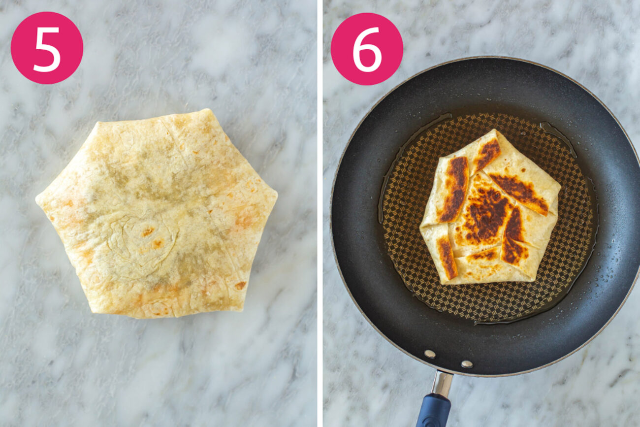 Steps 5 and 6 for making crunchwrap supreme: Fold crunchwrap then cook on a skillet.