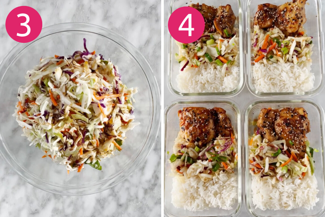 Steps 3 and 4 for making Korean-inspired chicken: Make sesame slow then assemble meal prep bowls.