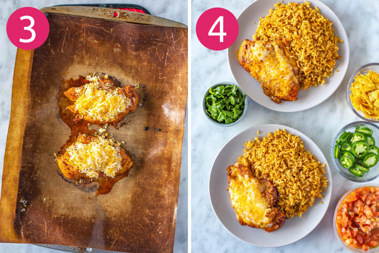 Steps 3 and 4 for making tequila lime rice: Add cheese on top of chicken and cook until melted, then assemble your bowls.