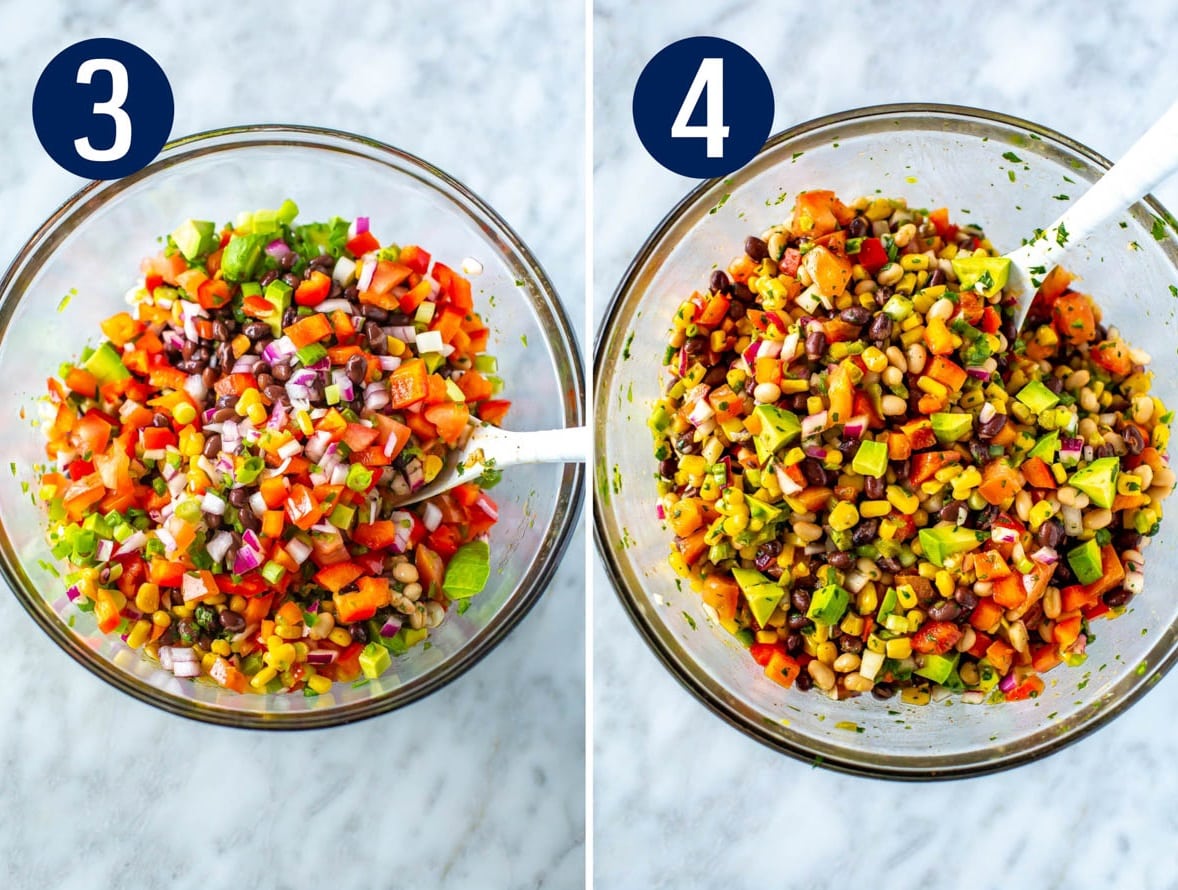 Steps 3 and 4 for making cowboy caviar: Toss ingredients then serve and enjoy.