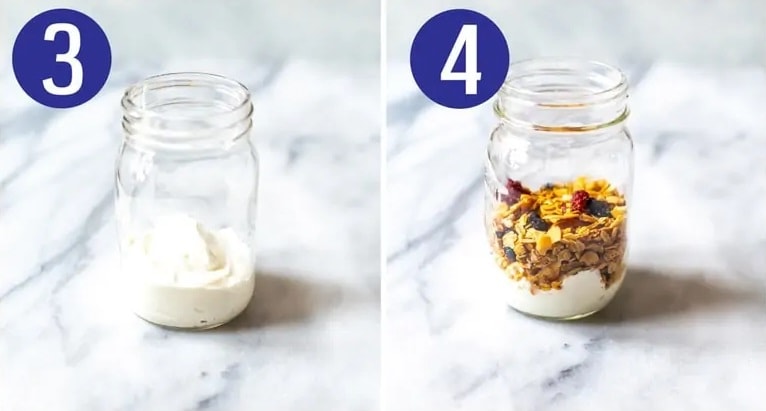 Steps 3 and 4 for Fruit and Yogurt Parfaits: Add yogurt then layer on granola.