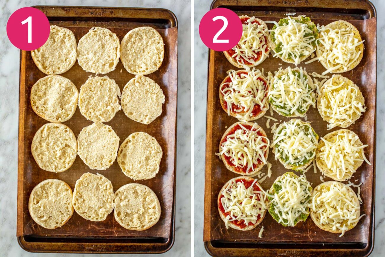 Steps 1 and 2 for making English muffin pizzas: Slice english muffins and top with sauce and c cheese.