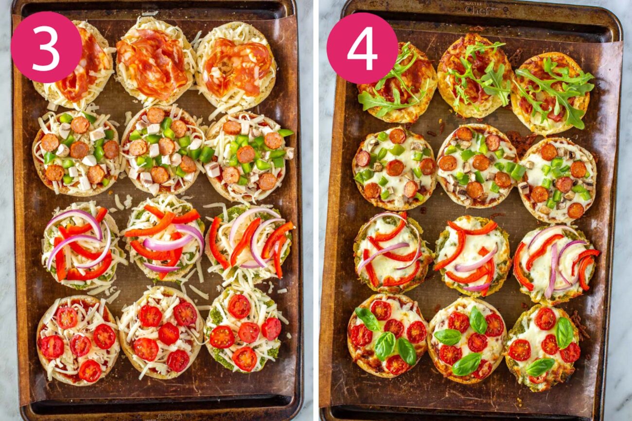 Steps 3 and 4 for making English muffin pizzas: Add toppings then bake.