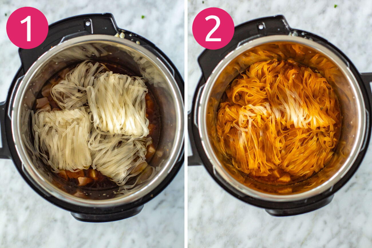 Steps 1 and 2 for making Instant Pot chicken pad thai: Add first 7 ingredients to Instant Pot and cook on high pressure.