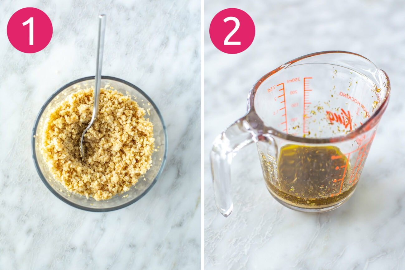 Step 1 and 2 for making mediterranean bowls: Make quinoa and make dressing/marinade.
