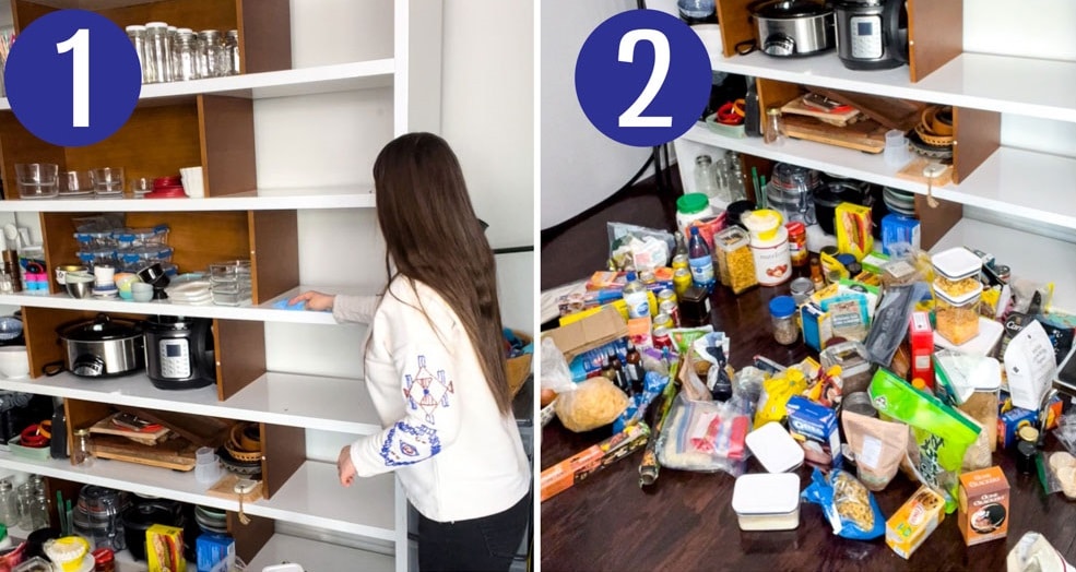 Steps 1 and 2 for organizing a small pantry