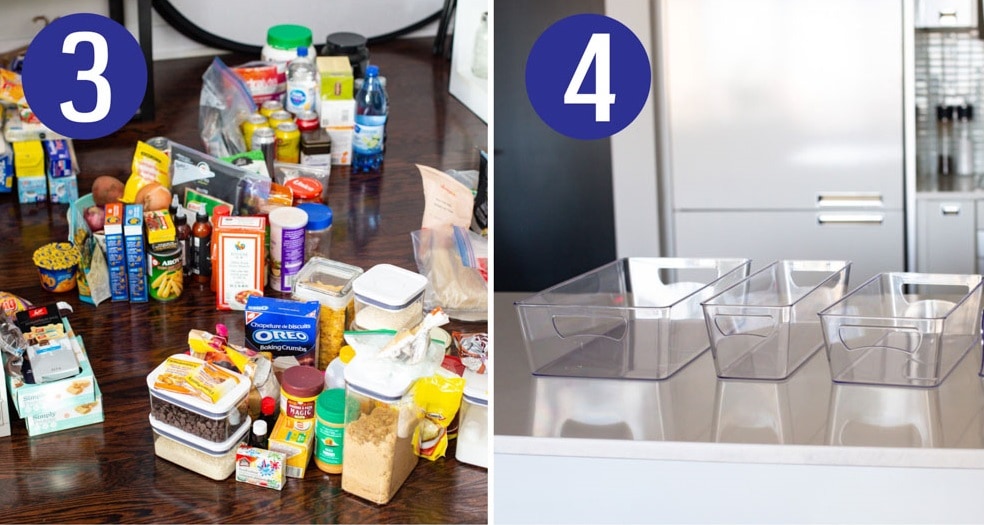 Steps 3 and 4 for organizing a small pantry.