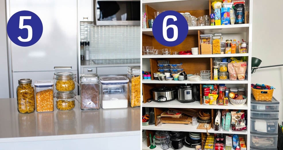 Steps 5 and 6 for organizing a small pantry.