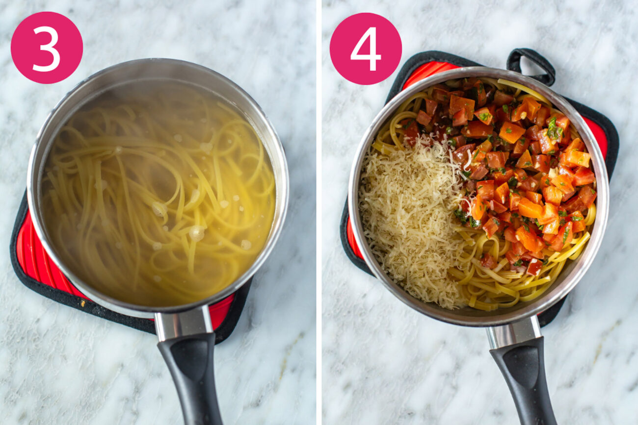 Steps 3 and 4 for making chicken bruschetta pasta: Cook pasta then toss with bruschetta.