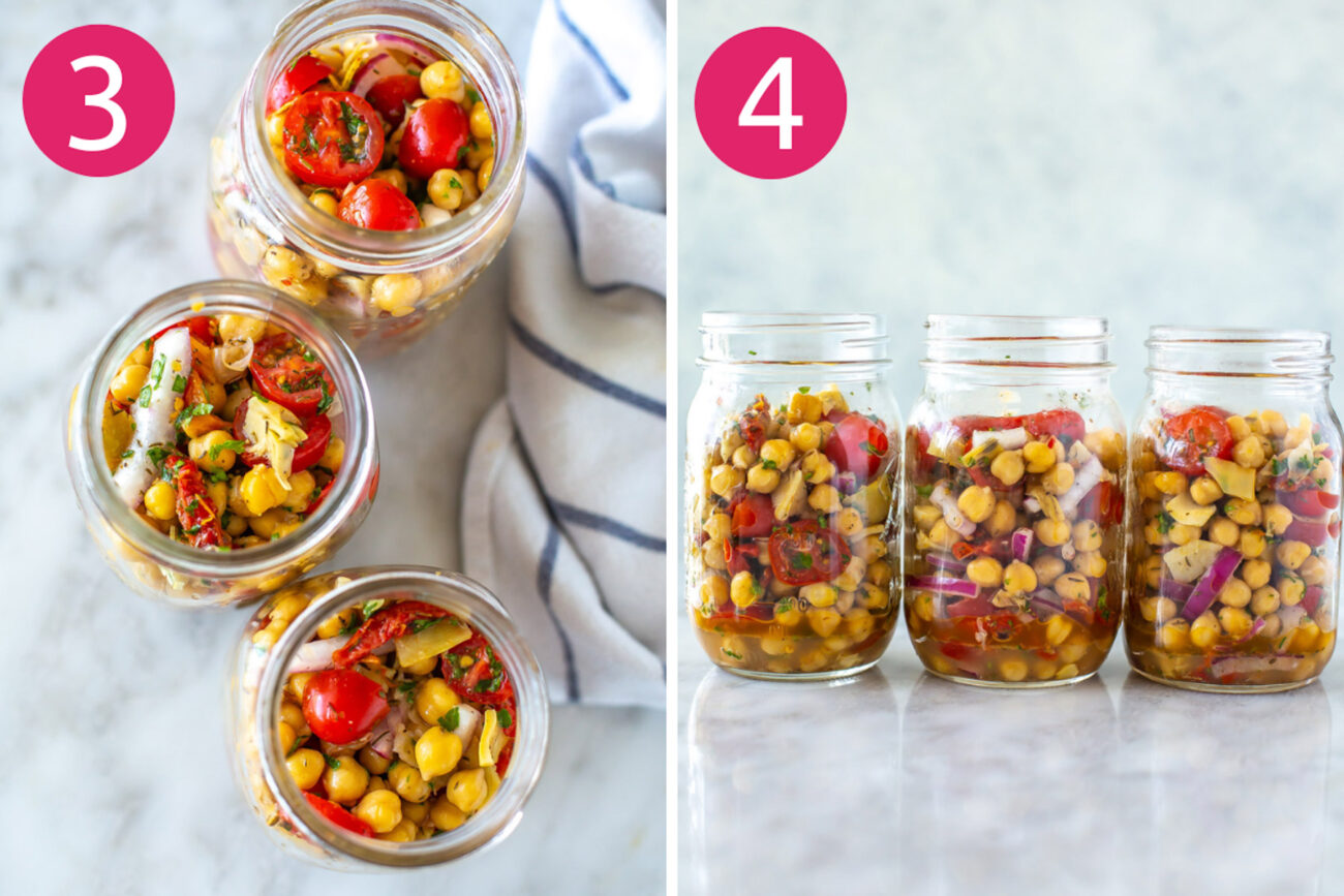 Steps 3 and 4 for making Mediterranean chickpea salad jars: Add into mason jars and store.