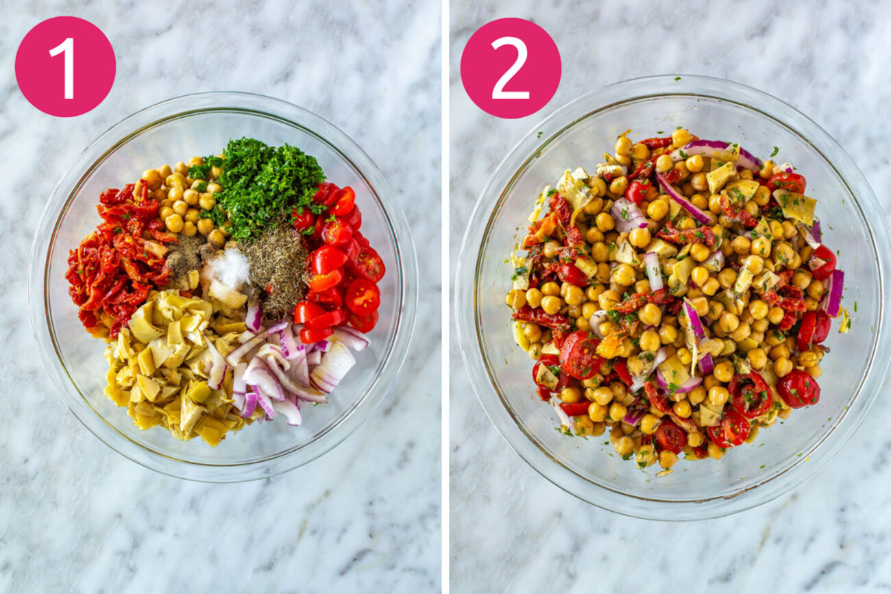 Steps 1 and 2 for making Mediterranean chickpea salad jars: Prep ingredients then mix everything in a bowl.