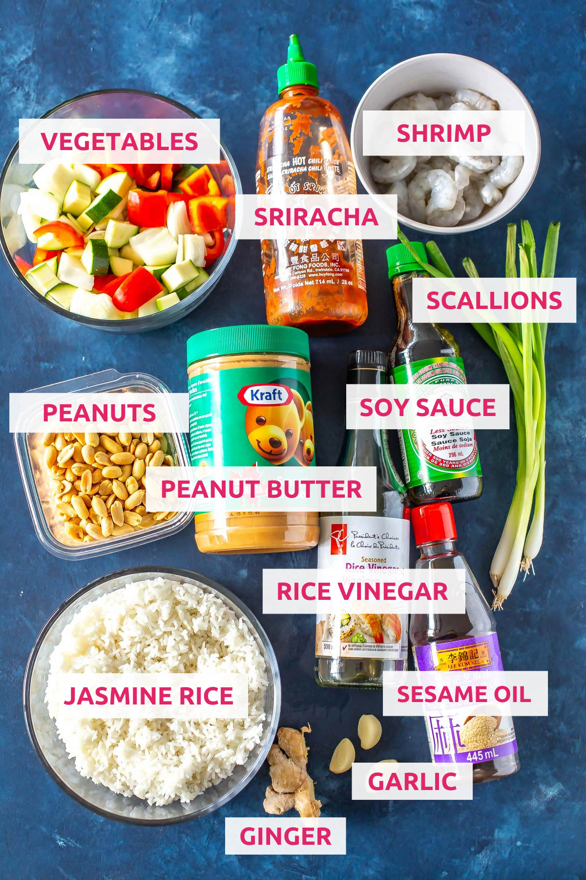 Ingredients for kung pao shrimp: shrimp, vegetables, sriracha, peanuts, peanut butter, soy sauce, scallions, jasmine rice, ginger, garlic, rice vinegar and sesame oil.
