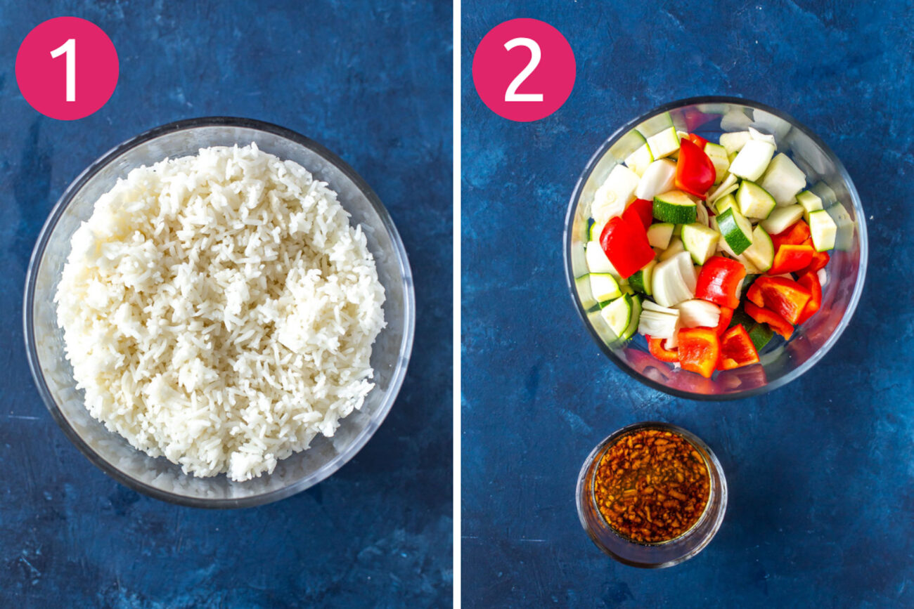 Steps 1 and 2 for making Kung Pao shrimp: Make the rice then prep the veggies and mix the sauce.