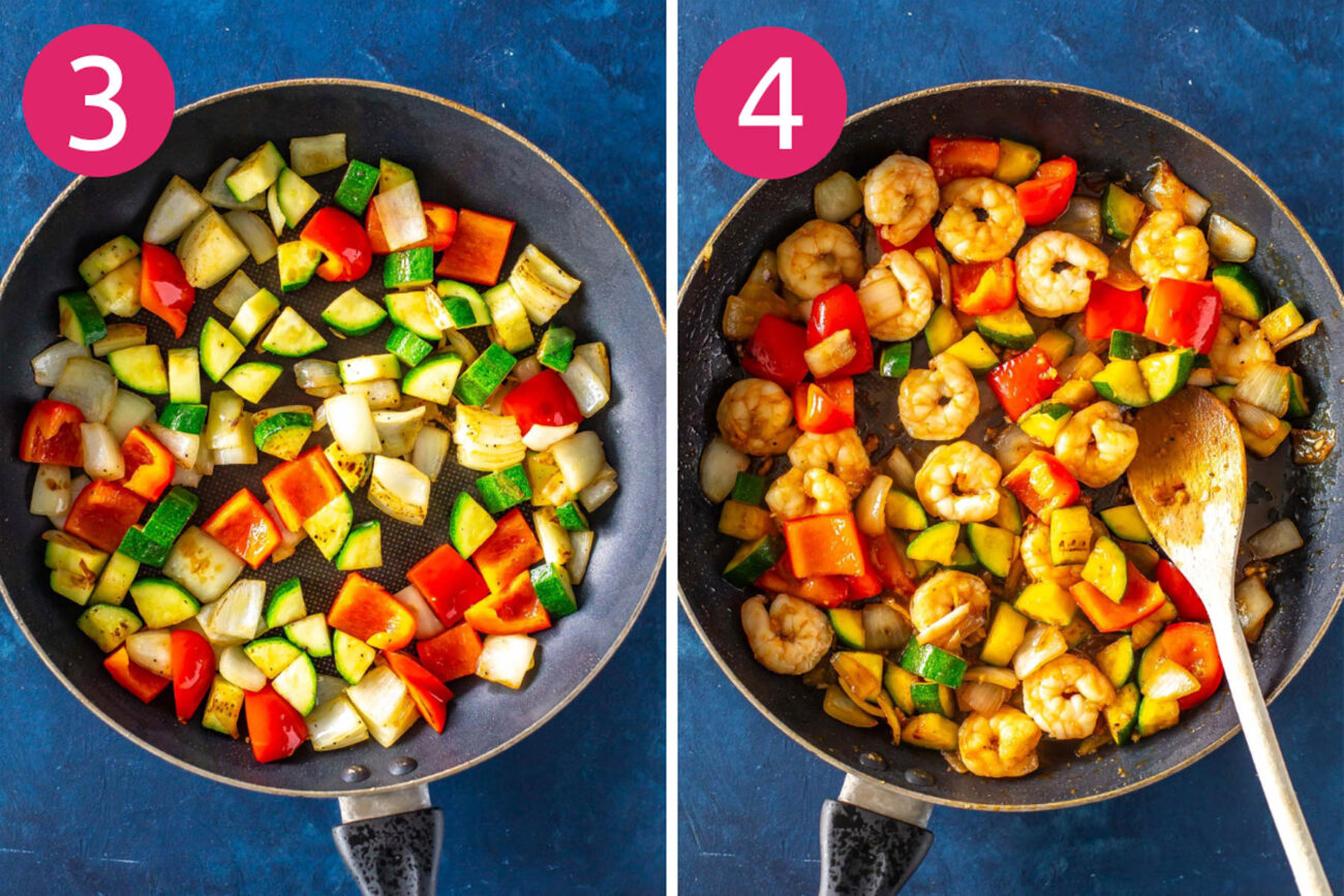 Steps 3 and 4 for making Kung Pao shrimp: Cook vegetables then cook shrimp.