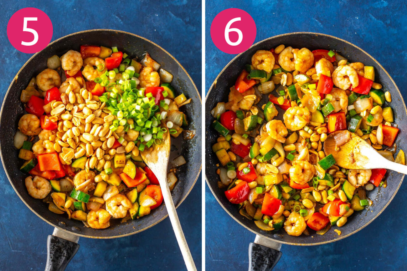 Steps 5 and 6 for making Kung Pao shrimp: Add scallions and peanuts then serve and enjoy!
