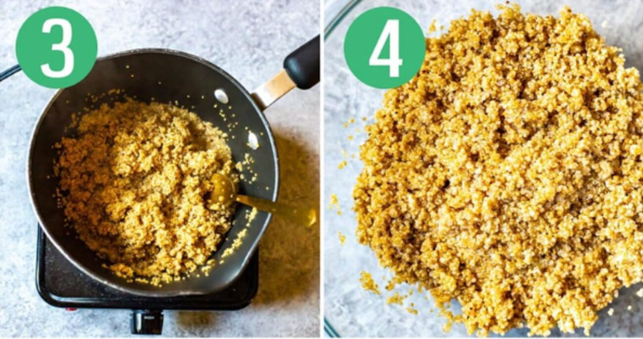 Steps 3 and 4 for making quinoa salads: Stir quinoa then let cool.