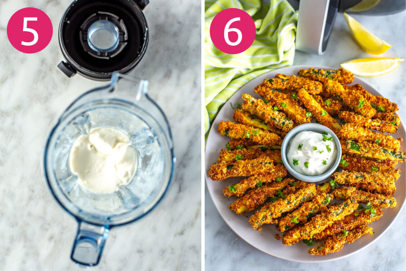 Steps 5 and 5 for making Air Fryer Zucchini Fries: Make garlic aioli and serve.
