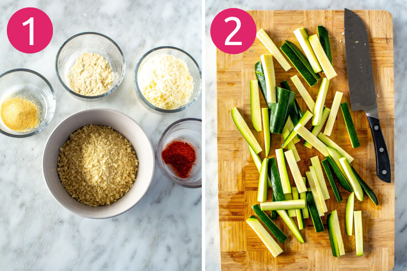 Steps 1 and 2 for making Air Fryer Zucchini Fries: Mix breading and cut zucchini into fries.