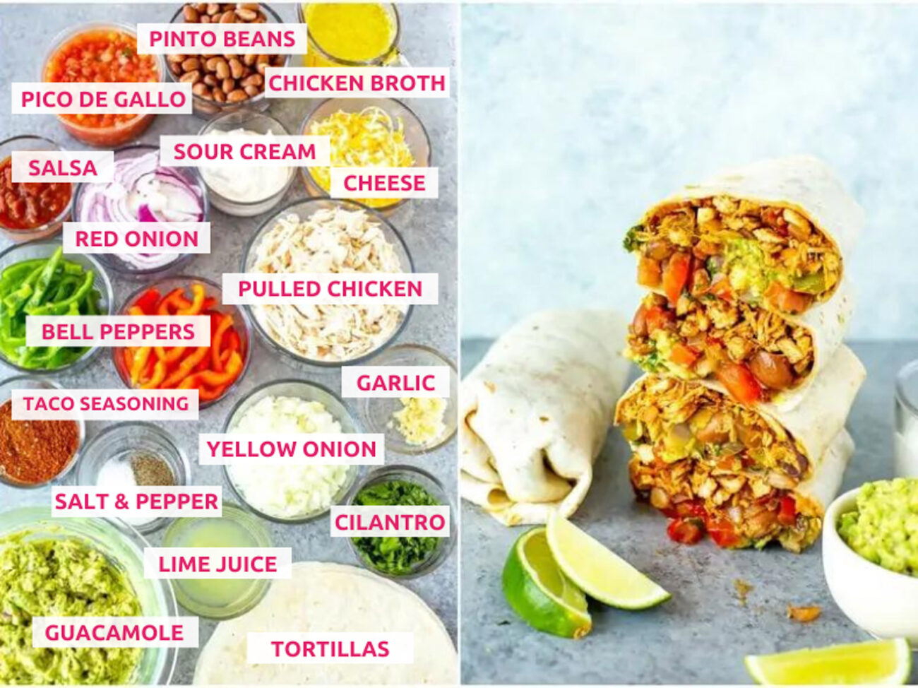 Ingredients for chicken burrito: chicken breasts, tortillas, guacamole, lime juice, cilantro, yellow onion, garlic, cheese, sour cream, bell peppers, salsa, salt, pepper, red onion, sour cream, chicken broth and pinto beans.
