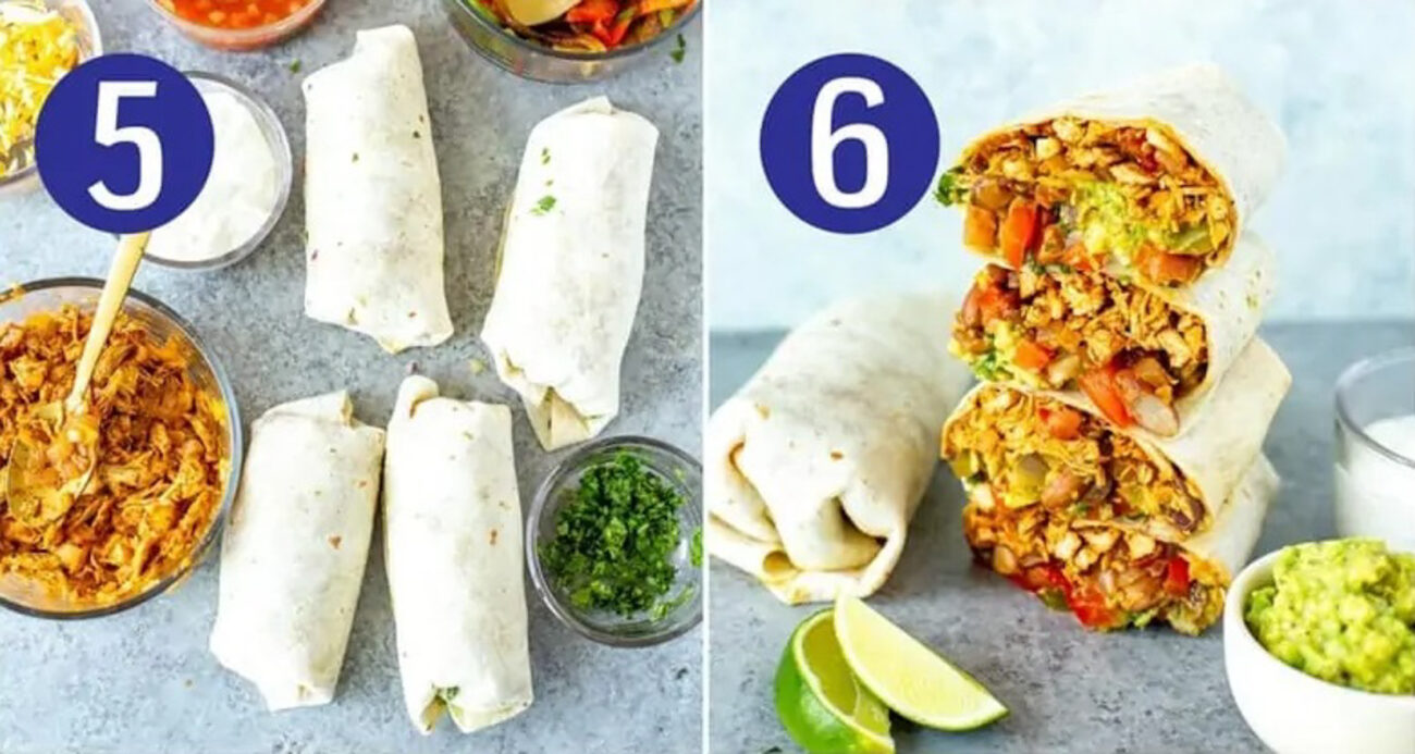 Steps 5 and 6: Roll your burritos then serve and enjoy.